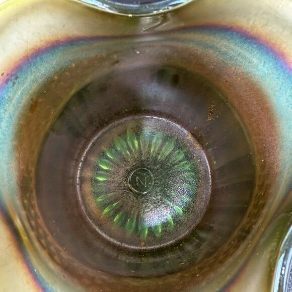 Vintage Northwood Carnival Glass Vase Ruffle Hat Green Iridescent 3.75" Tall - Picture 6 of 15